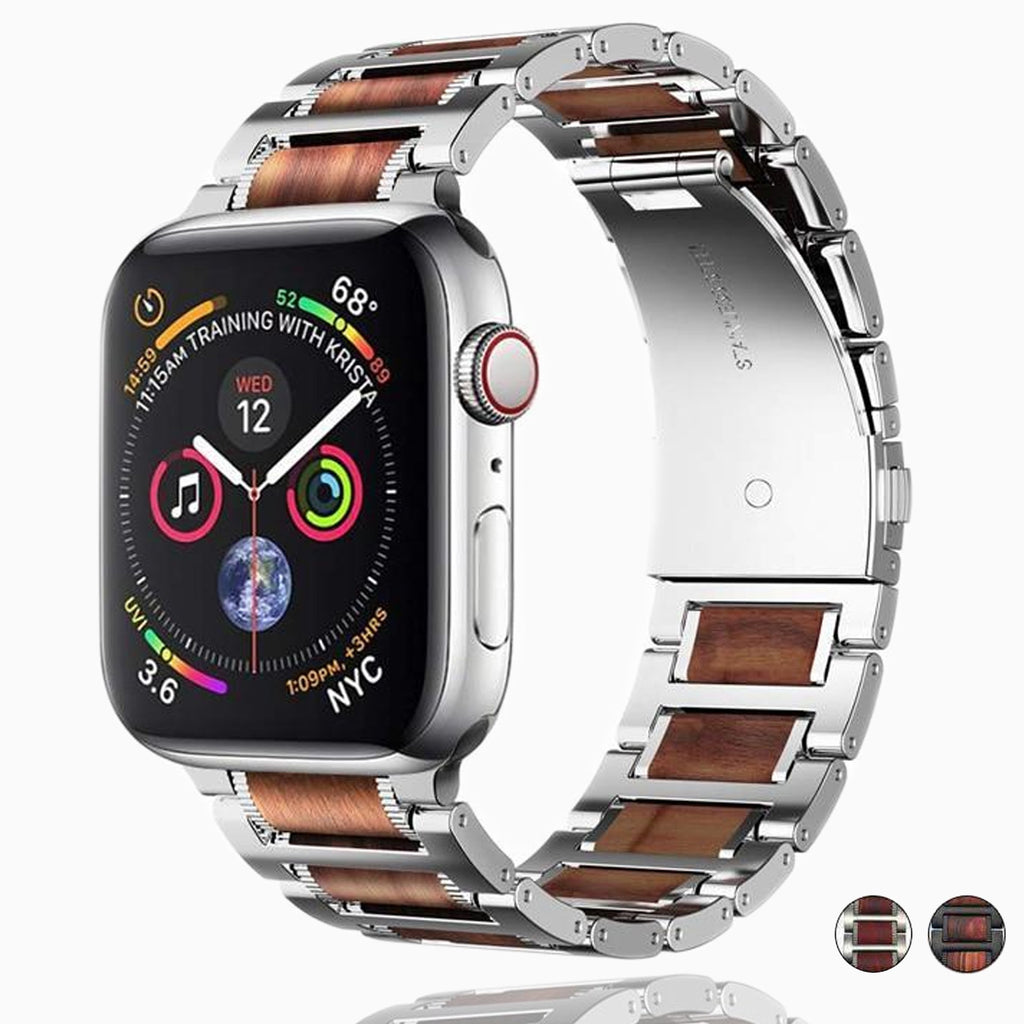 Watches Apple Watch Series 6 5 4 3 2 1 Natural Wood + Stainless Steel Band, Natural Red Sandalwood Bracelet Wooden Strap 38mm, 40mm, 42mm, 44mm - US Fast shipping