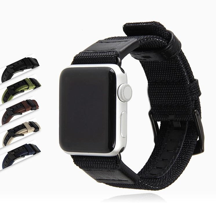 Watches Apple Watch band Canvas Leather Strap black adapator, 44mm/ 40mm/ 42mm/ 38mm iwatch Series 1 2 3 4 5 Woven Nylon sport wrist bracelet iwatch watchband - USA Fast Shipping