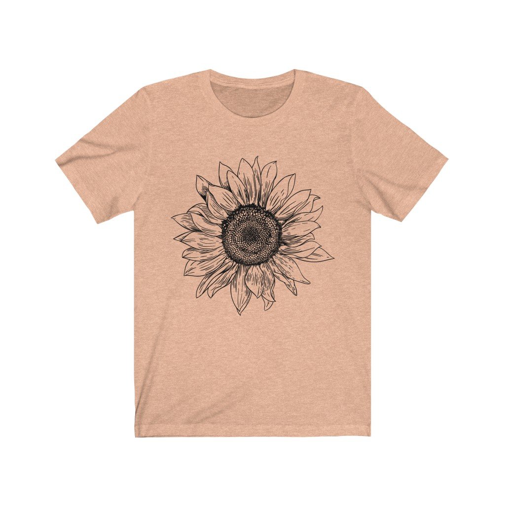 T-Shirt Heather Peach / S Sunflower Rising ~ Womens Sunflower Tee, Flower Tee Shirt, Botanical Tee, wildflower shirt, fall tee, flower tshirt, sunflower shirt