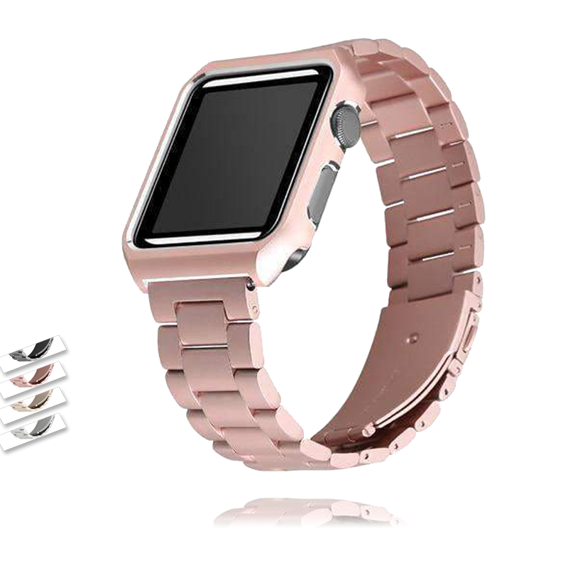 Apple Case +Strap bundle set, 42mm 38mm face Apple watch cover bezel, Butterfly buckle link band stainless steel watchband - US Fast Shipping