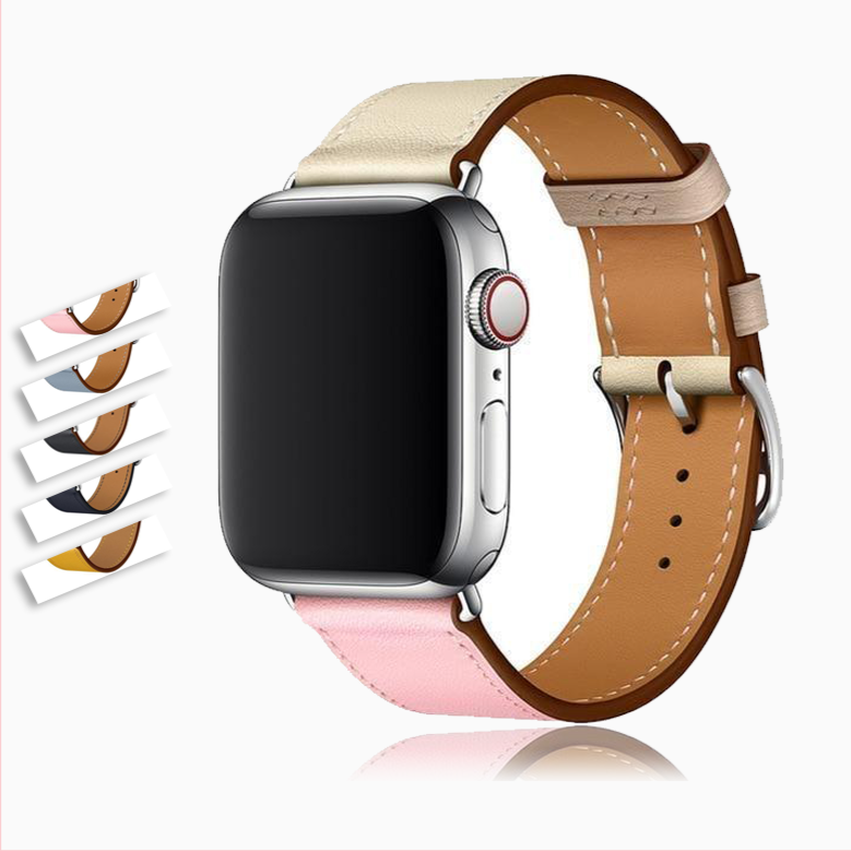 Apple Apple watch strap single tour loop wrap, Silver adaptors w Dual color leather band, Fits iwatch Nike Hermes Series 5 4 3 - US Fast Shipping