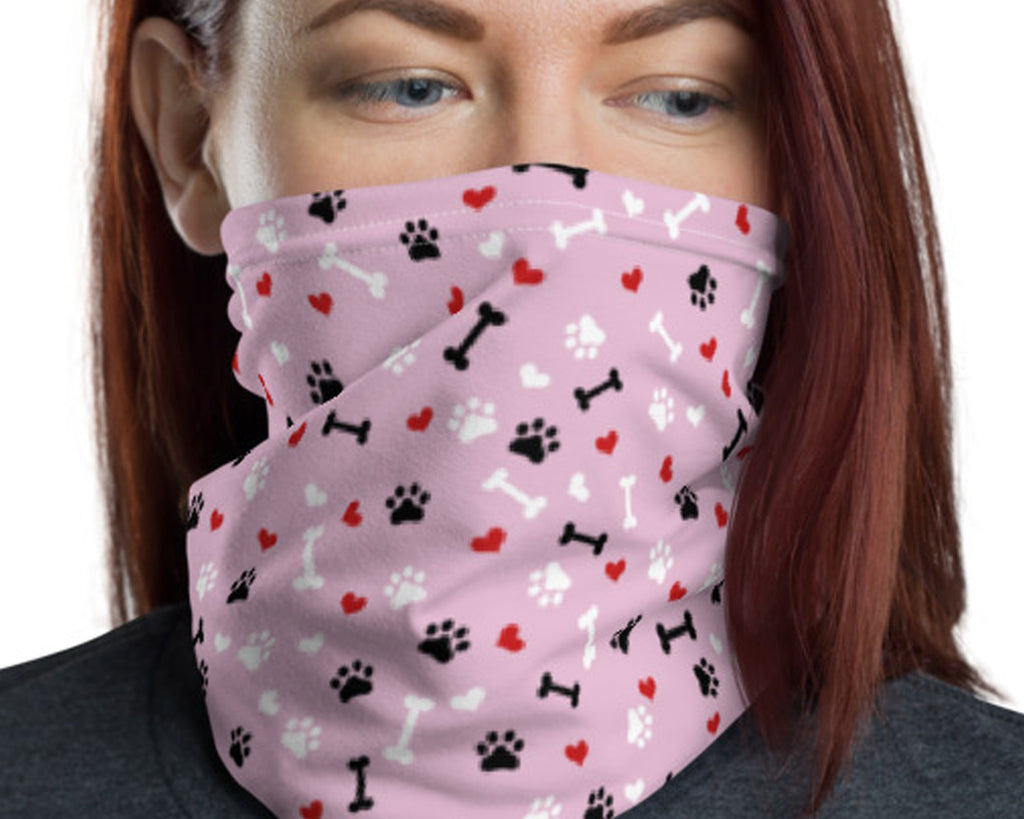 Cute Fashion Neck Gaiter mask Made in USA, Pink Love paw Dog heart Print, Reusable Face cover Washable Breathable beanie wristband hood - US Fast Shipping
