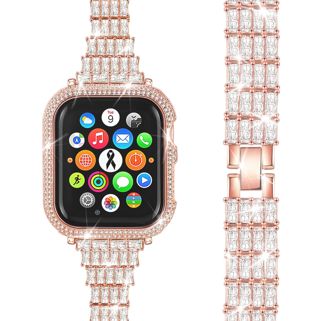 Diamond Case+Strap For Apple Watch Band Series 7 6 5 4 Correa Women Stainless Steel Bracelet Cover iWatch 38/40/41mm 42/44/45mm |Watchbands|