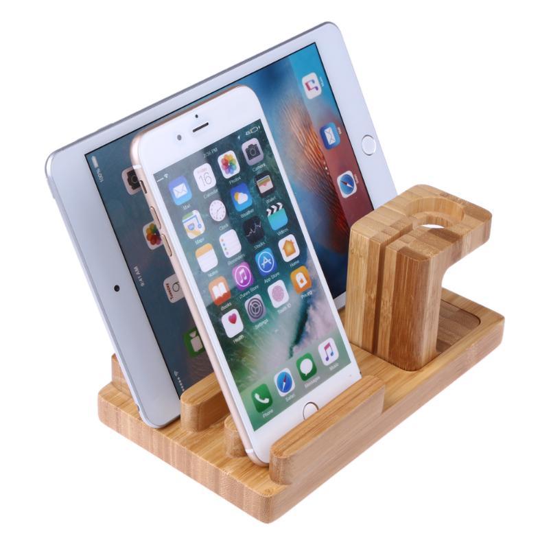 Phone Holders & Stands 3 IN 1 Desk Docking Station, Bamboo Wood Charge Holder Gadget Organizer Mobile phone bracket For Apple Watch iPad/iPhone Holders and Stand