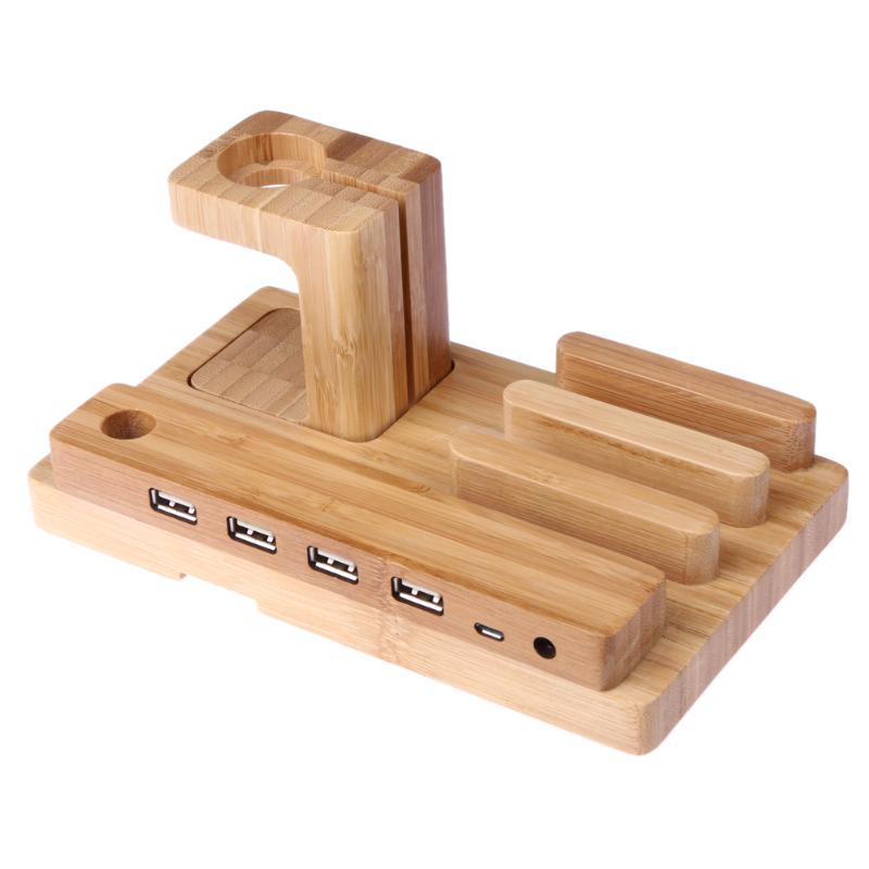 Phone Holders & Stands 3 IN 1 Desk Docking Station, Bamboo Wood Charge Holder Gadget Organizer Mobile phone bracket For Apple Watch iPad/iPhone Holders and Stand