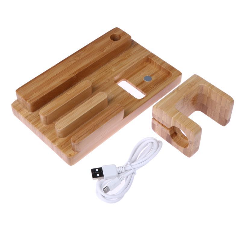 Phone Holders & Stands 3 IN 1 Desk Docking Station, Bamboo Wood Charge Holder Gadget Organizer Mobile phone bracket For Apple Watch iPad/iPhone Holders and Stand