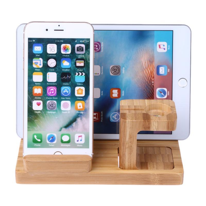 Phone Holders & Stands 3 IN 1 Desk Docking Station, Bamboo Wood Charge Holder Gadget Organizer Mobile phone bracket For Apple Watch iPad/iPhone Holders and Stand