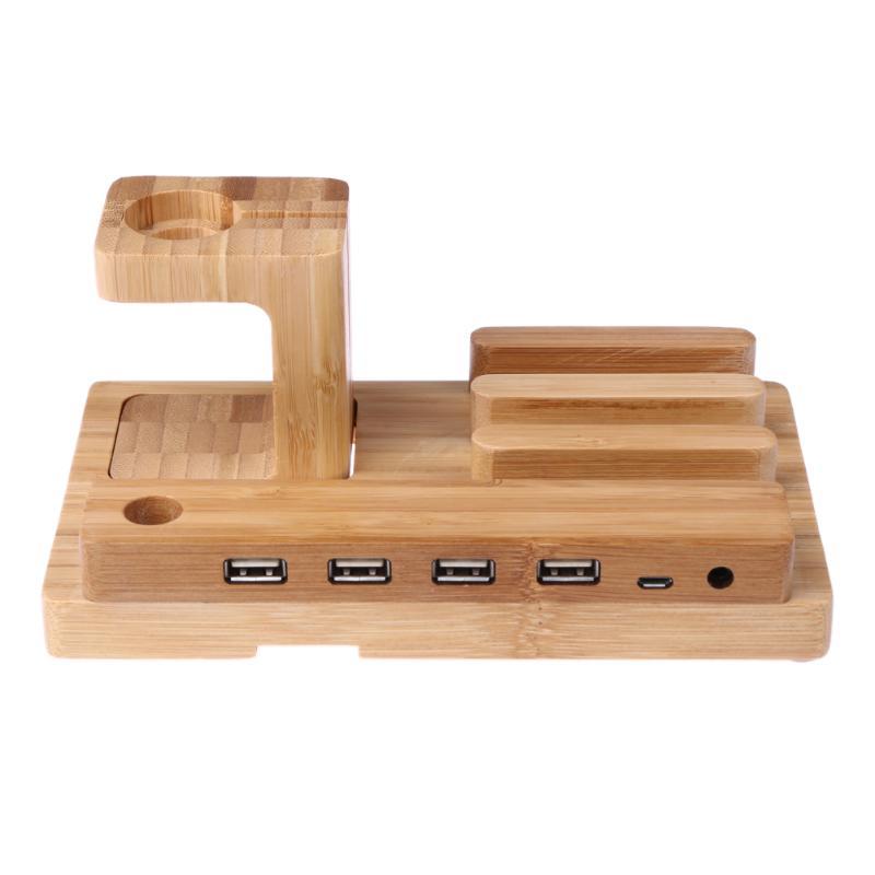 Phone Holders & Stands 3 IN 1 Desk Docking Station, Bamboo Wood Charge Holder Gadget Organizer Mobile phone bracket For Apple Watch iPad/iPhone Holders and Stand