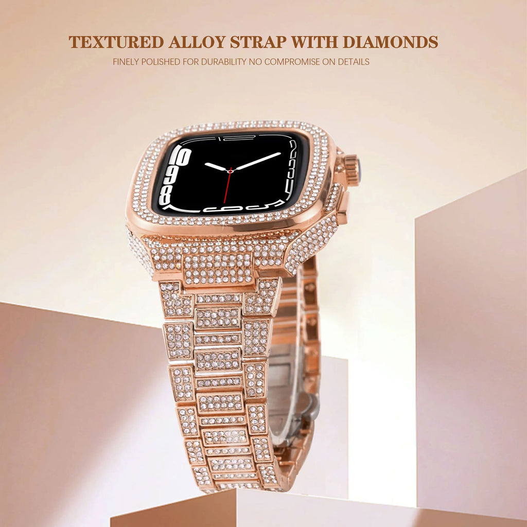 For Apple Watch Band Luxury Diamond Modification Kit 45mm 44mm Diamond Case Steel Strap Iwatch Series 8 7 6 SE 5 4 Fashion Loop