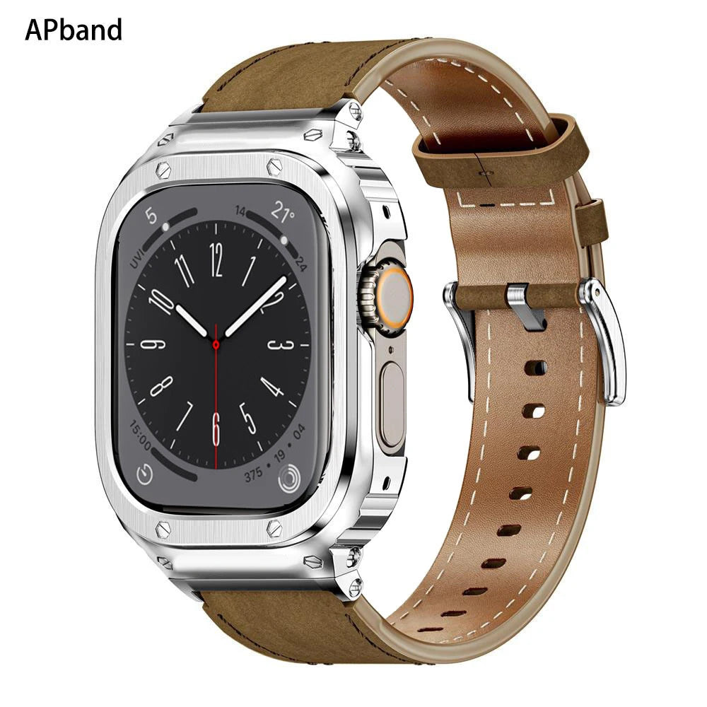 Metal Case+Genuine Leather Strap For Apple Watch Band 49mm 44mm 45mm 40mm 41mm correa bracelet iwatch series se 4 5 6 7 8 ultra