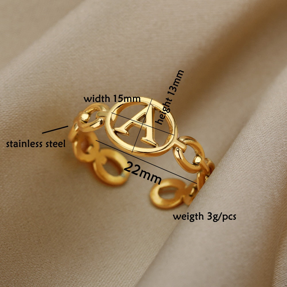 Hollow Initial Letter Rings For Women Stainless Steel Gold Cuban Link Adjustable Couple Female Ring Valentine Boho Jewelry Gift|Rings|