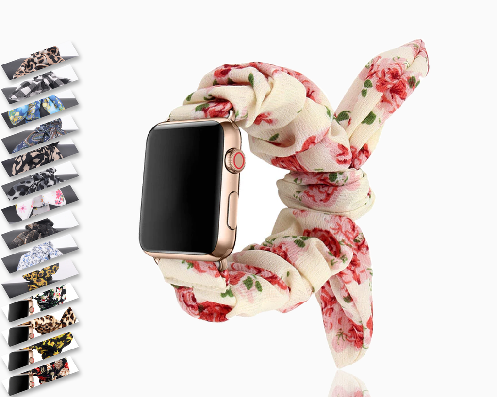Watchbands Pink Stylish Bunny Knot Red Flower Floral Print For Apple Watch Strap Scrunchies Women Watchband 38mm 40mm 42mm 44mm Iwatch series 5 4 3 2 1