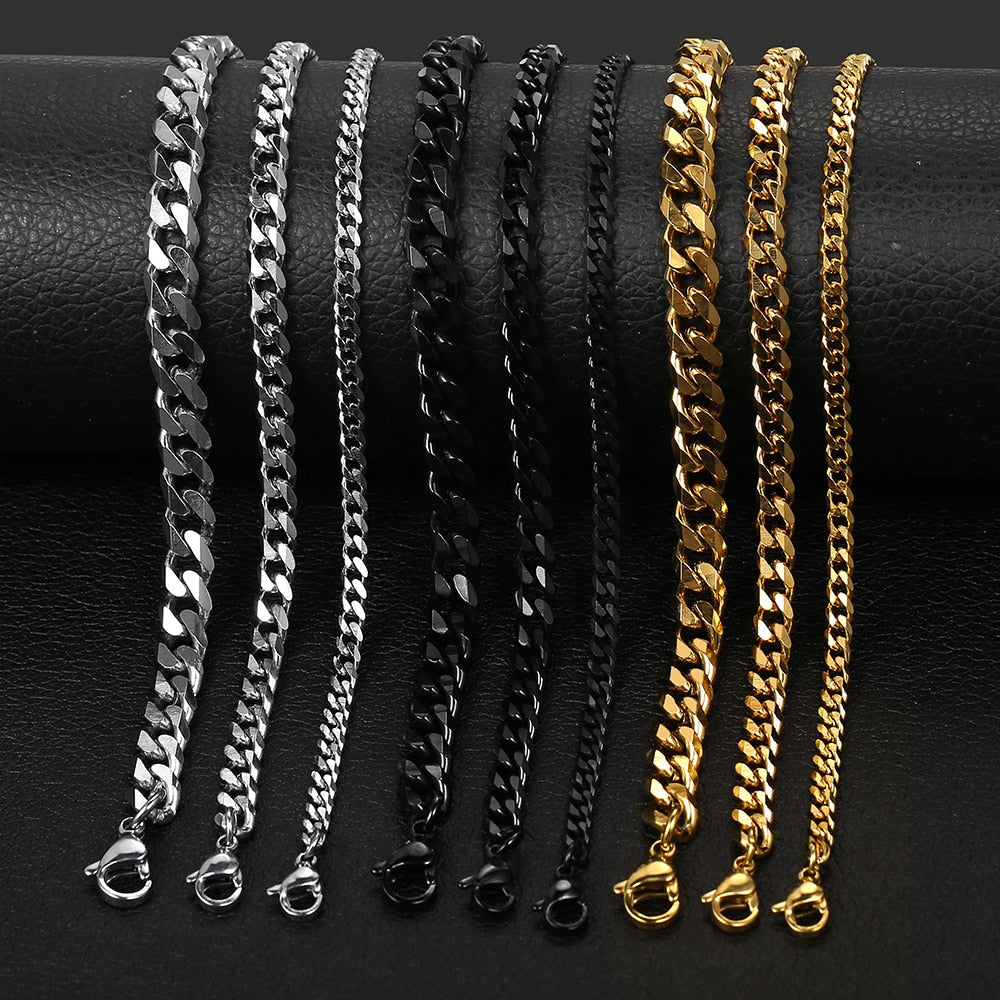 Men's Bracelet Stainless Steel Curb Cuban Link Chain Black Gold Silver