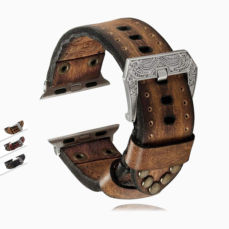 Watchbands Handmade Apple Watch band, vintage Tooled rivet rustic retro genuine leather men cuff strap in brown, black Series 5 4 3 - US Fast Shipping
