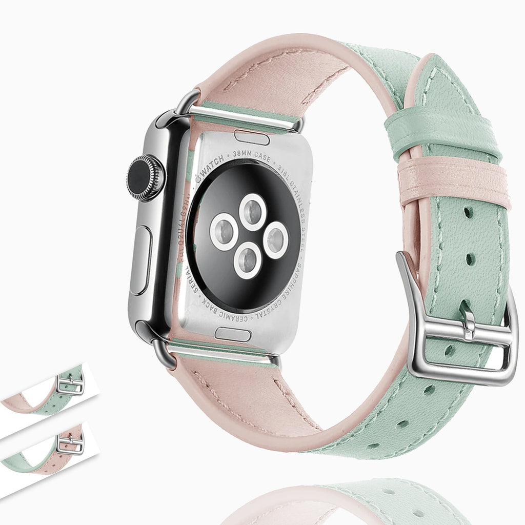 Apple Pink Apple watch band green dual color Leather bracelet strap, silver buckle watchband, iwatch 6 5 4 3 2, 38/40mm 42/44mm - US fast shipping