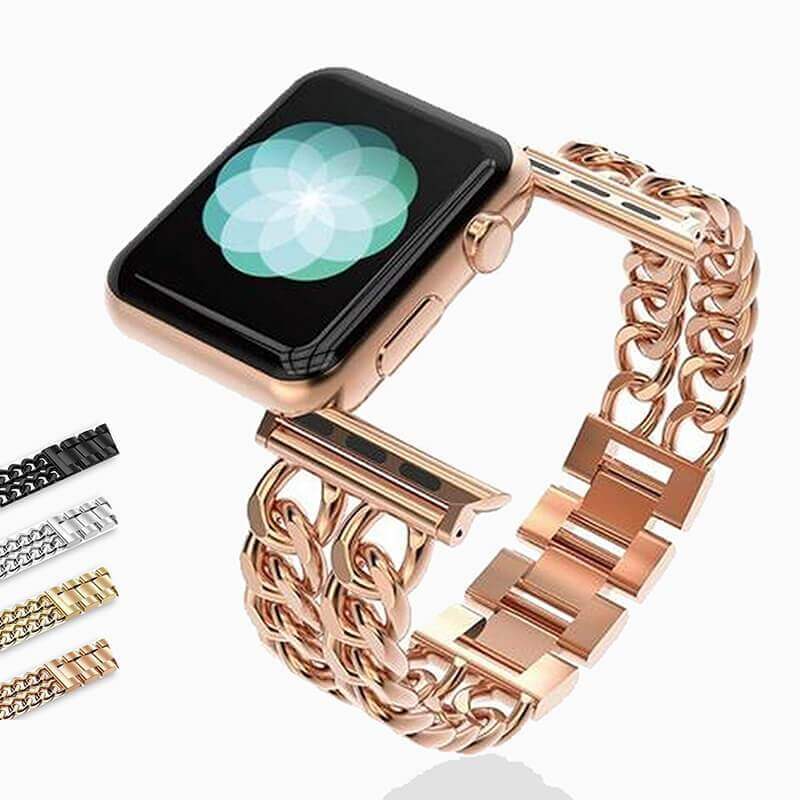 A Golden Double Heart-shaped Chanel-style Wristband Bracelet, Suitable For  Apple Smart Watch 3/4/5/6/7/8 Series Metal Watchbands, Compatible With