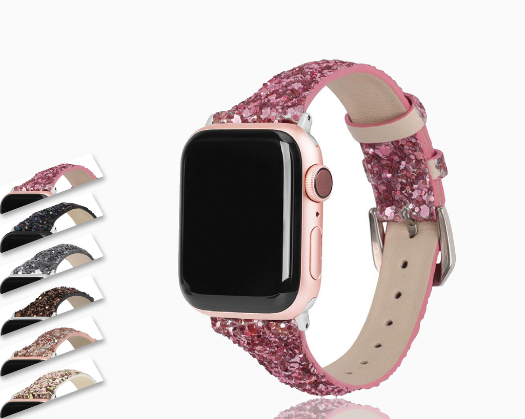 Home Pink Thin Slim Strap For Apple Watch band 44 mm 42mm 40mm 38mm Leather Bling Band Wristwatch Bracelet Shiny metallic Glitter Strap iwatch Series 5/4/3