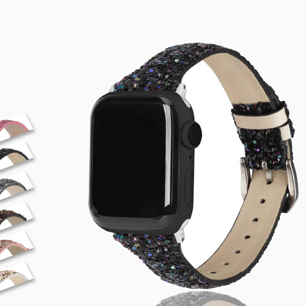 Home Black Thin Slim Strap For Apple Watch band 44 mm 42mm 40mm 38mm Leather Bling Band Wristwatch Bracelet Shiny metallic Glitter Strap iwatch Series 5/4/3