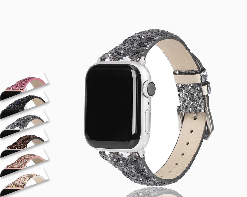Home Gray Thin Slim Strap For Apple Watch band 44mm 42mm 40mm 38mm Leather Bling Band Wristwatch Bracelet Shiny metallic Glitter Strap iwatch Series 5/4/3