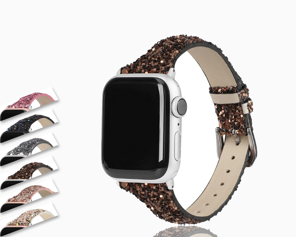 Home Chocolate Brown Thin Slim Strap For Apple Watch band 44mm 42mm 40mm 38mm Leather Bling Band Wristwatch Bracelet Shiny metallic Glitter Strap iwatch Series 5/4/3