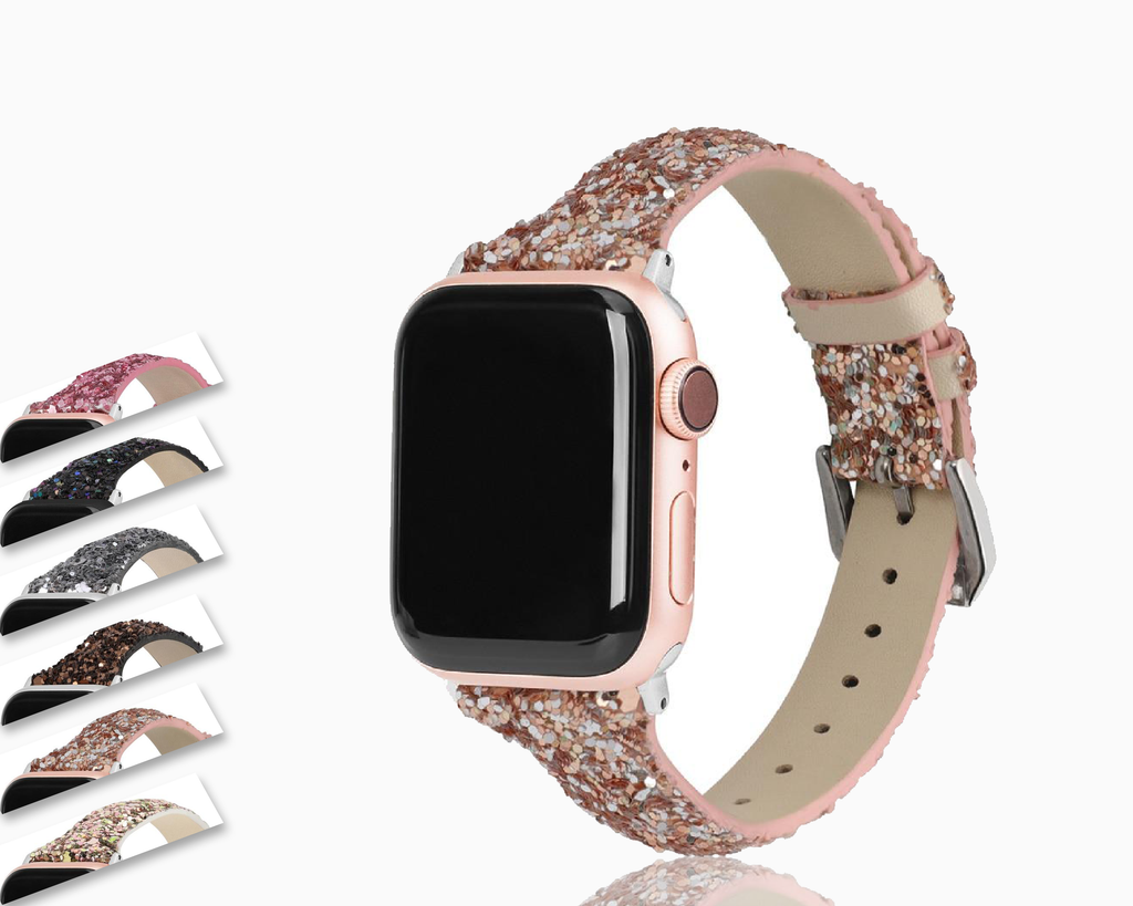 Home Peach Thin Slim Strap For Apple Watch band 44mm 42mm 40mm 38mm Leather Bling Band Wristwatch Bracelet Shiny metallic Glitter Strap iwatch Series 5/4/3