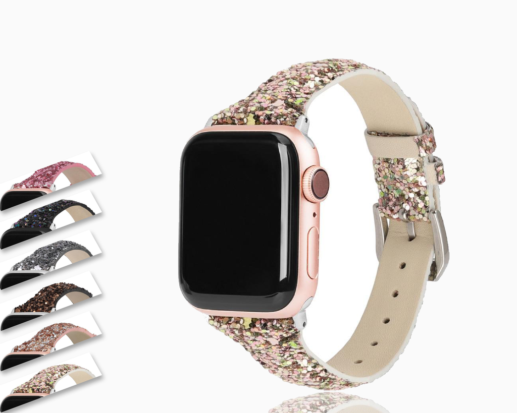 Home Copy of Pink Thin Slim Strap For Apple Watch band 44mm 42mm 40mm 38mm Leather Bling Band Wristwatch Bracelet Shiny metallic Glitter Strap iwatch Series 5/4/3