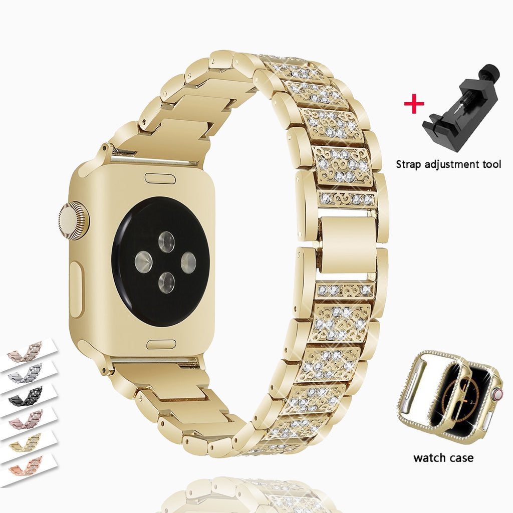 Watchbands Elegant Shiny Steel Diamond Band + Case, Apple Watch 6 5 4 Watchband