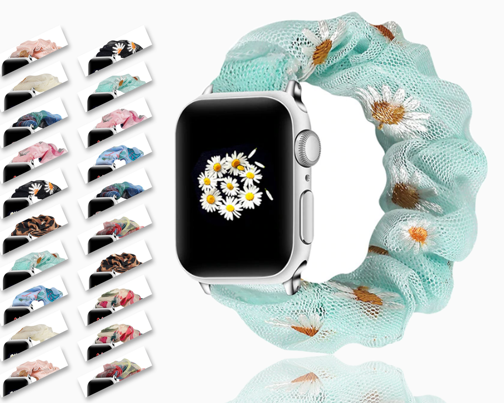 Watchbands Mint green neon white daisy flowers, apple watch band straps 38 40 42 44 mm series 5 4 3 2 1