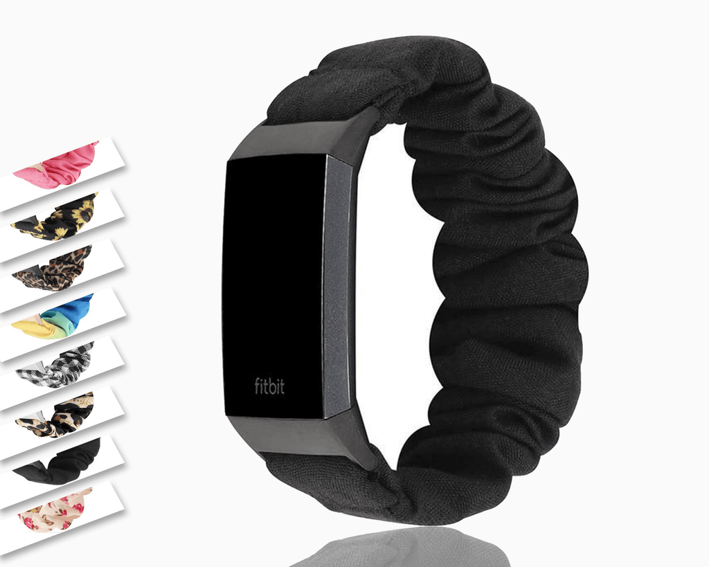 Watchbands Fitbit Charge 4 3 Black Solid Color Nylon Cotton Stretch Watchband Scrunchies Strap, Scrunchy Soft Elastic Sport Bracelet Men Women Unisex