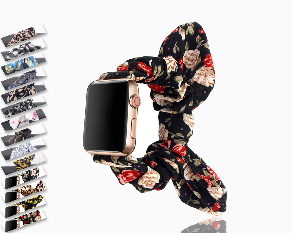 Watchbands Black red print Victorian Rose ribbon knot band, apple watch band elastic scrunchies straps 38 40 42 44 mm series 5 4 3