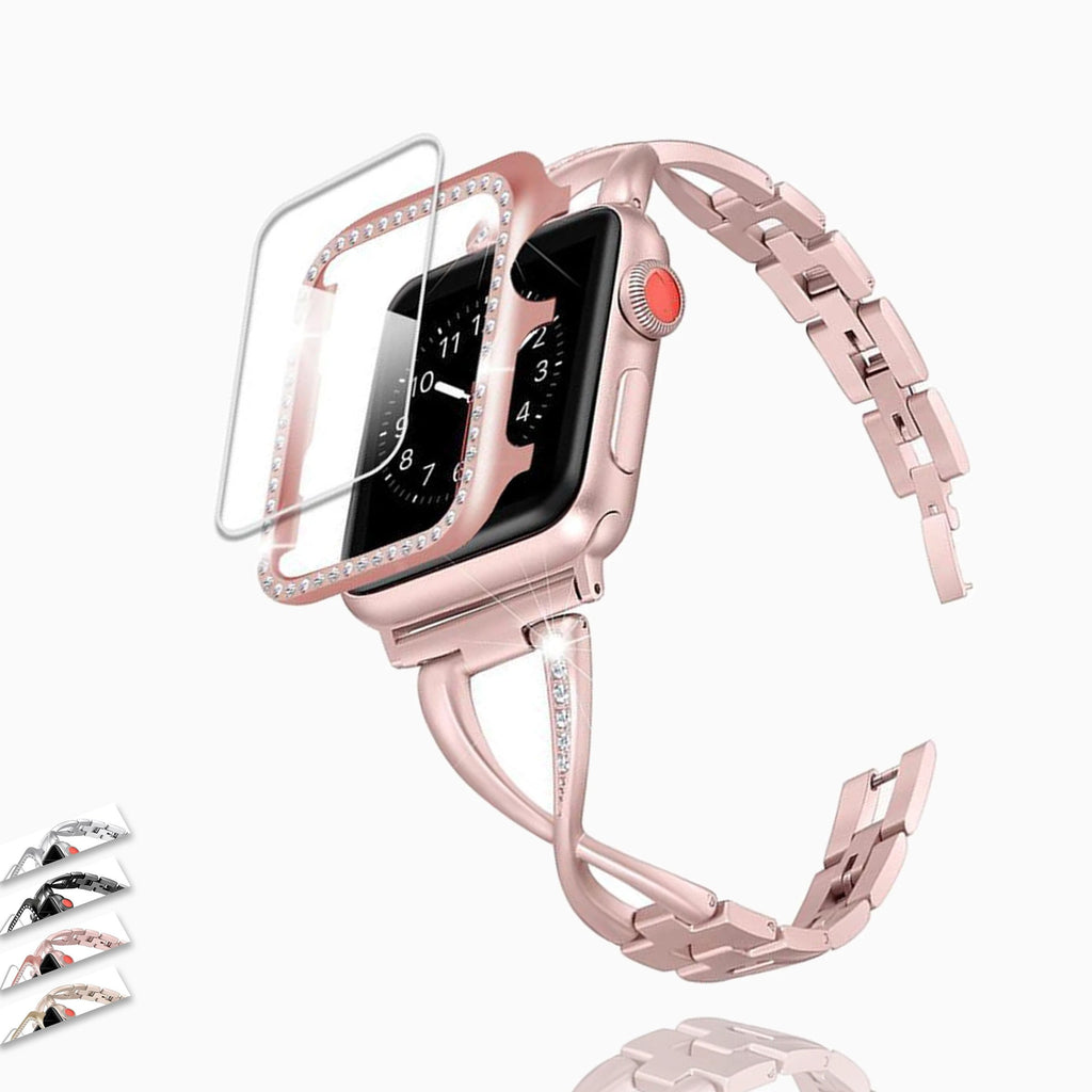 Watchbands Crystal Diamond Luxury Case + Strap for Apple Watch iWatch 44mm 40mm 42mm 38mm Link Bracelet Screen Protector Series 6 5 4 3 2 Women Wristband