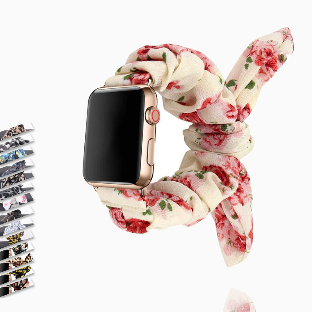 Watchbands Pink Stylish Bunny Knot Red Flower Floral Print For Apple Watch Strap Scrunchies Women Watchband 38mm 40mm 42mm 44mm Iwatch series 6 5 4 3 2 1
