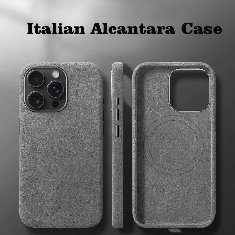 Italian Alcantara Case for iPhone 15 Pro Max Soft Leather Phone Back Cover for iPhone 15 Pro Magnets For MagSafe Grey Blue