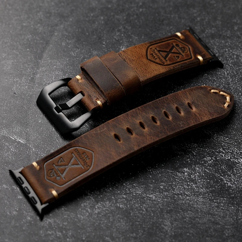 Handmade Vintage Crazy Horse Leather Bracelet 40MM 44MM 45MM 49MM Fits Apple Watch S8 Ultra Folded Thick Brown Strap
