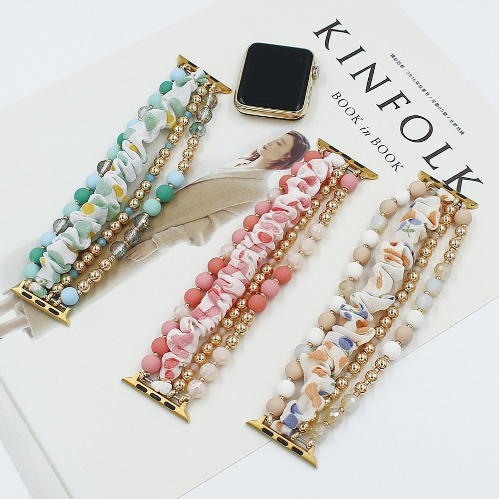 Women Beaded Bracelet For Apple Watch 7 6 5 4 3 2 Se Band For Iwatch 41mm 45mm 44mm 40mm 38 42mm Decorate Stainless Steel Strap - Watchbands
