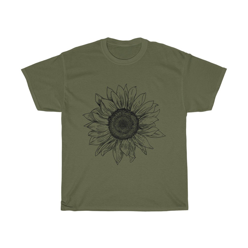 T-Shirt Military Green / S Sunflower Rising ~ Womens Sunflower Tee, Flower Tee Shirt, Botanical Tee, wildflower shirt, fall tee, flower tshirt, sunflower shirt