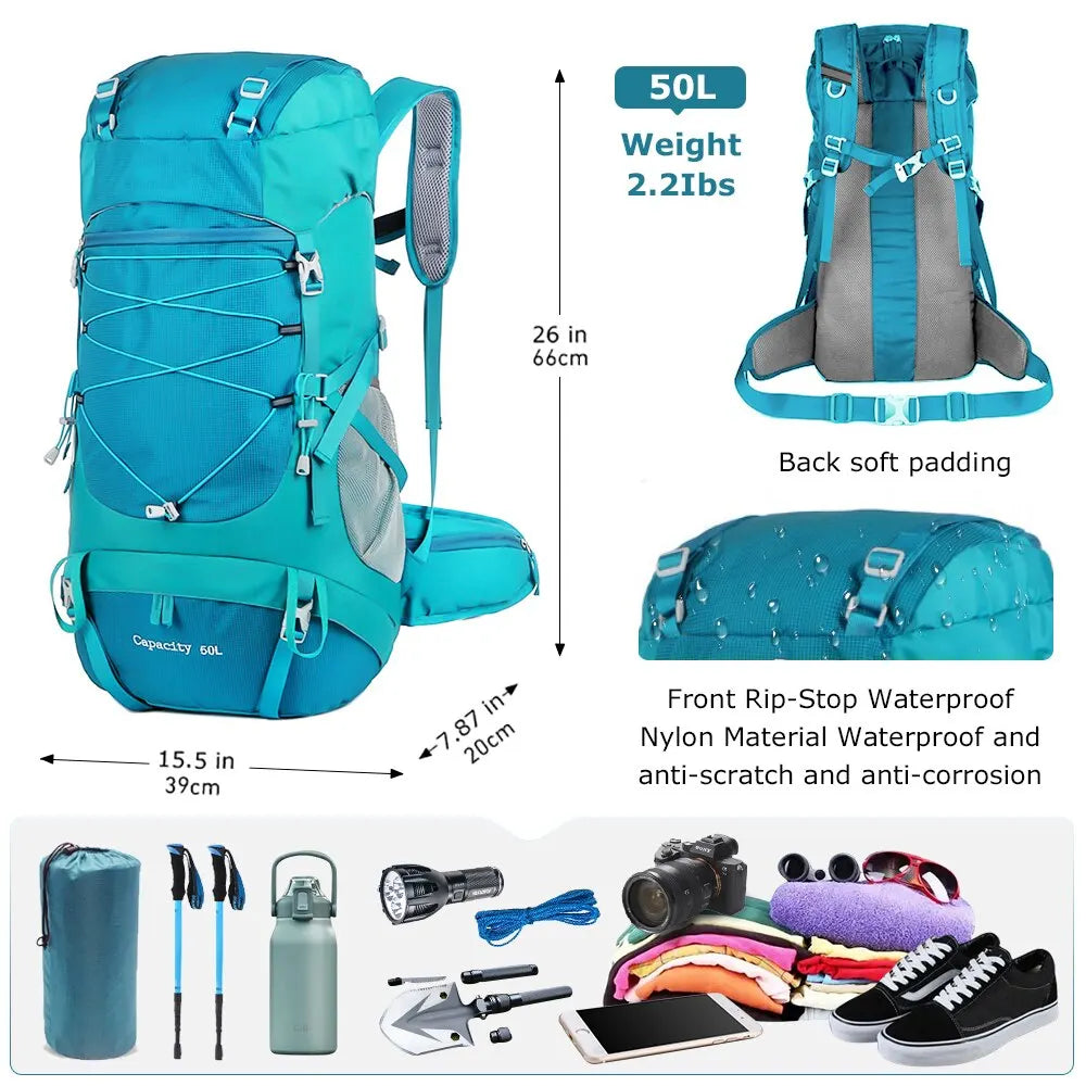 WESTTUNE 50L Hiking Backpack with Rain Cover Multifunctional Mountaineering Bag Outdoor Rucksack for Travel Trekking Camping