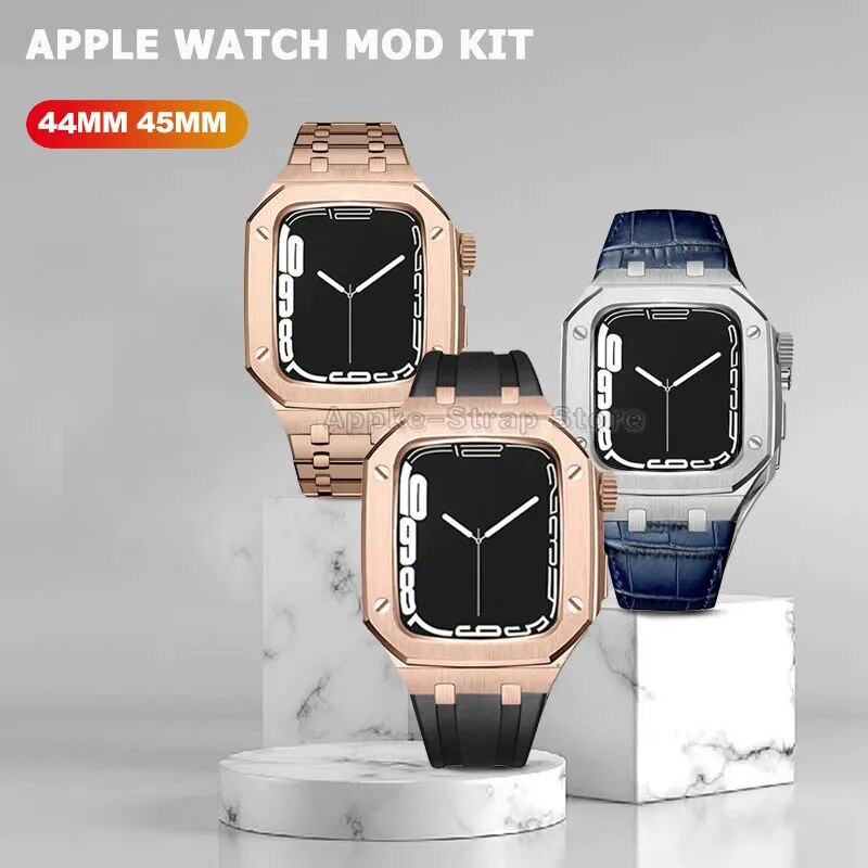 Luxury Band for Apple Watch Case 8 7 45mm Mod Kit Metal Bezel cover Frame Leather Rubber Strap for Iwatch Series 6 5 4 SE 44mm