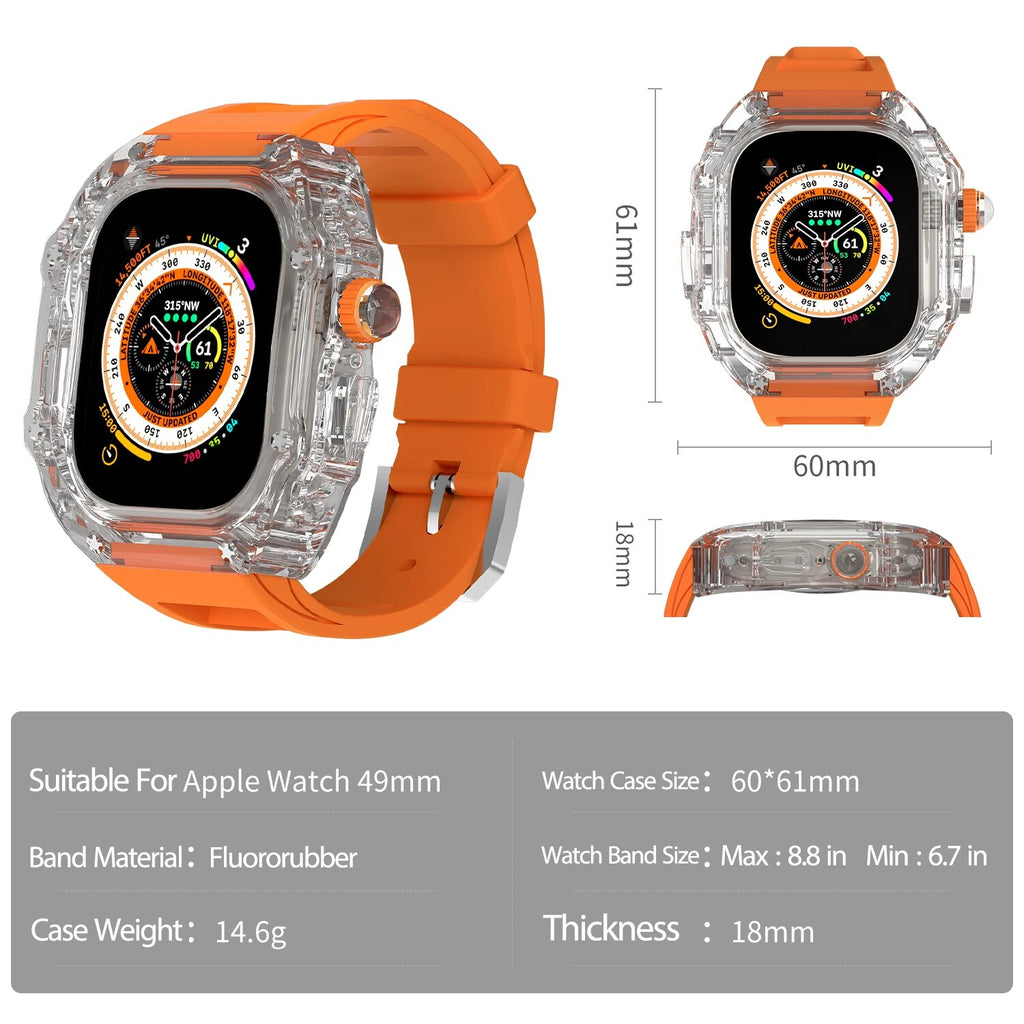 Luxury Transparent Case for Apple Watch Ultra 2 Band 49mm 9 8 7 45mm Modification Kit Rubber Strap for Iwatch Series 6 SE 5 44mm