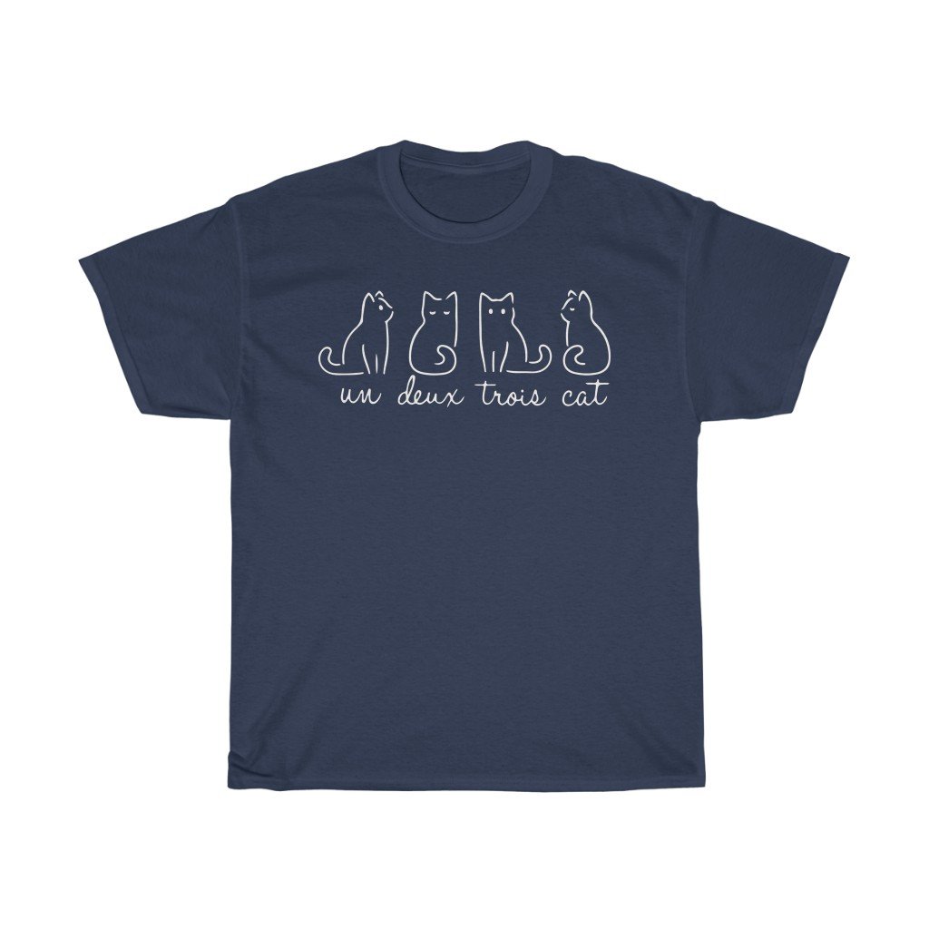 T-Shirt Navy / S Un Deux Trois Cat Tshirt, Gifts for Cat Lovers, Lady Gift, Cute cat outline design for womens shirt, plus size tee-shirt