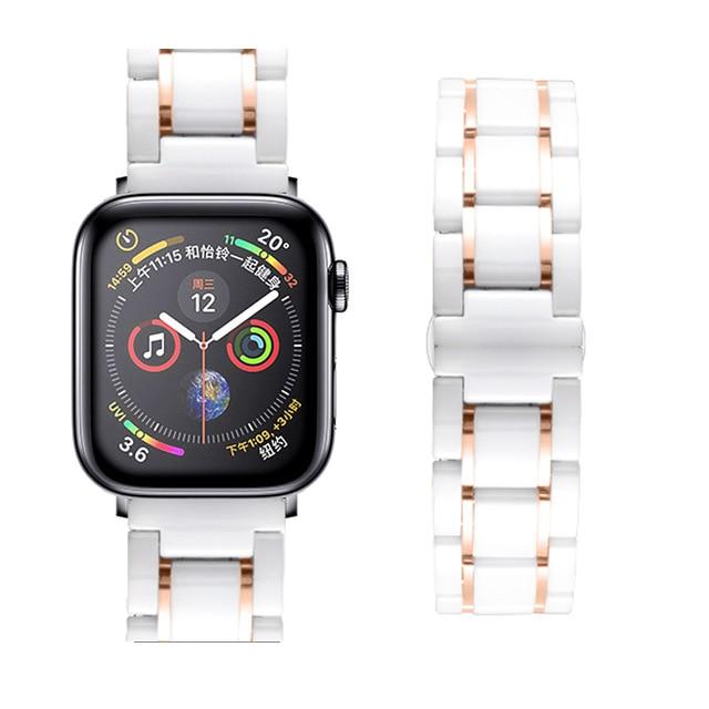Watchbands White Rose Gold / 38mm or 40mm Luxury two tone Ceramic shiny Steel black Strap Apple Watch Band 6 5 4