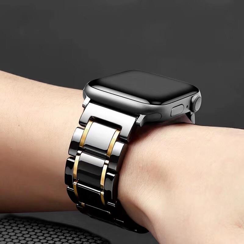 Watchbands Black gold / 42mm or 44mm Luxury two tone Ceramic shiny Steel black Strap Apple Watch Band 6 5 4
