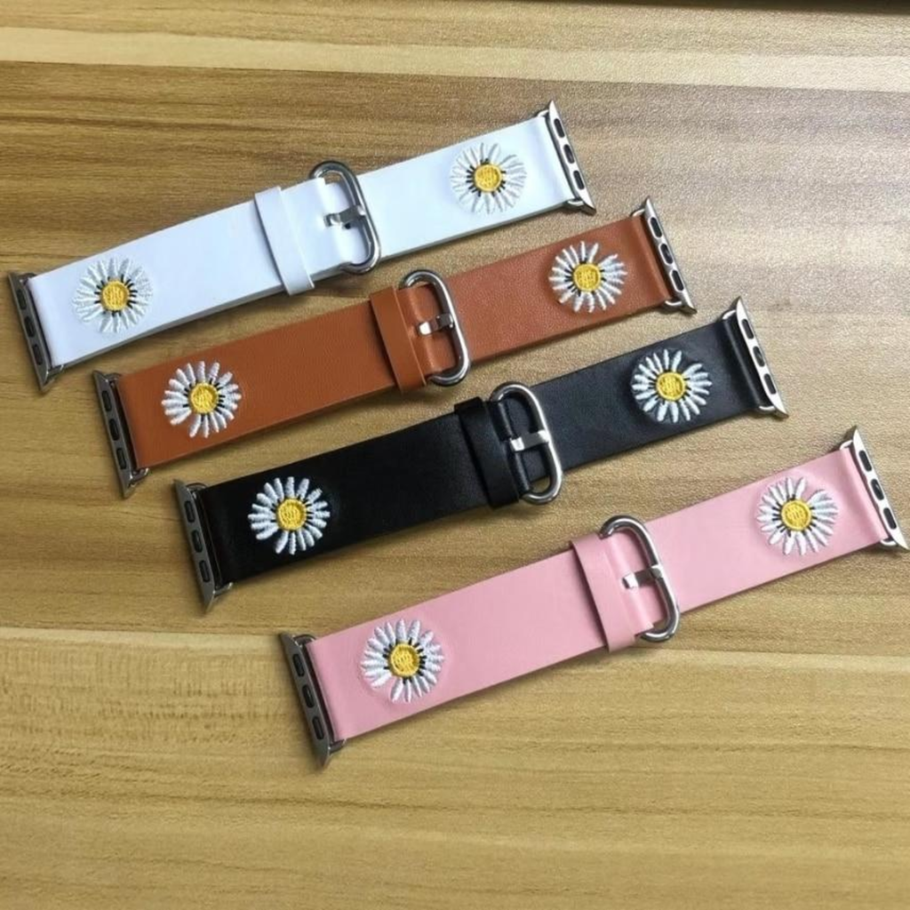 Watchbands Daisy Embroidery Leather Strap for Apple watch Series 5 4 3 2 1 Cool Watchband for iWatch 38mm 40mm 42mm 44mm for Women and Girls
