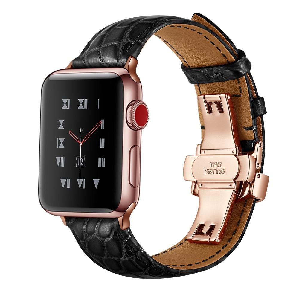 HYLZXH Watchband Store Apple Watch Premium Alligator Leather Designer Bands Exotic Strap 8 7 6-Black w/ Rose Gold / 42mm
