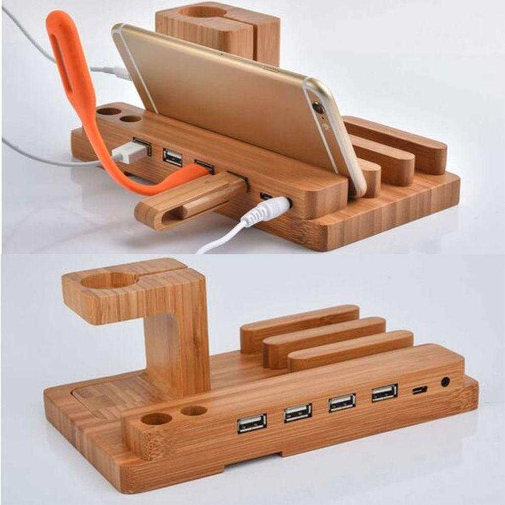 Phone Holders & Stands 3 IN 1 Desk Docking Station, Bamboo Wood Charge Holder Gadget Organizer Mobile phone bracket For Apple Watch iPad/iPhone Holders and Stand