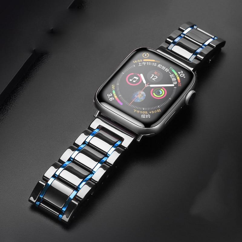 Watchbands Black Blue / 42mm or 44mm Luxury two tone Ceramic shiny Steel black Strap Apple Watch Band 6 5 4