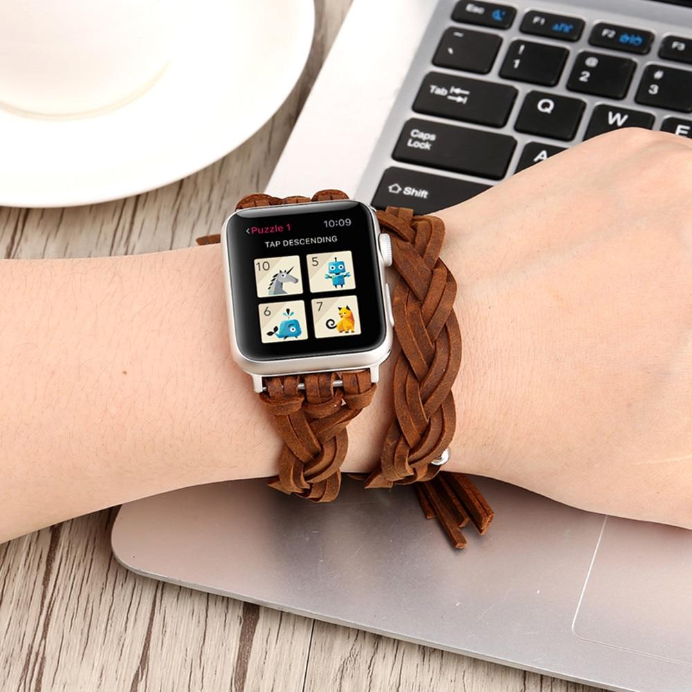 Apple Apple watch band Genuine Leather braided bead bracelet, double wrap women strap iwatch 6 5 4 3 2 38/40mm 42/44mm - silver