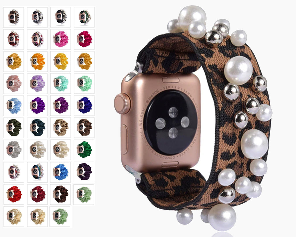 Home Brown black spotted Leopard embellished 3d colorful women straps, Apple watch scrunchie elastic band, Series 5 4 3 scrunchy 38/40mm 42/44mm