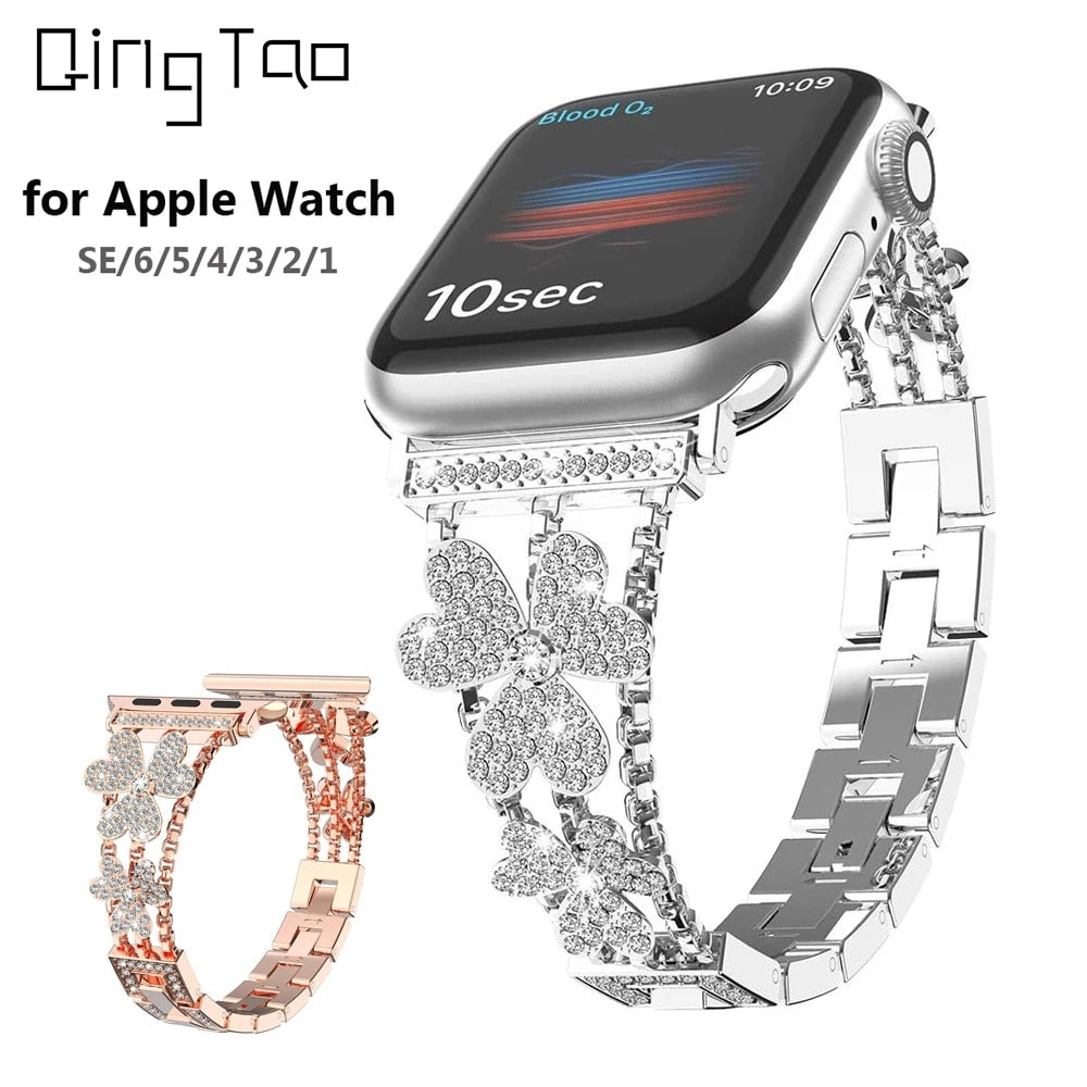 Apple Watch Band Silver, Rose Gold Bling Women Strap & Case Set 8 7 6