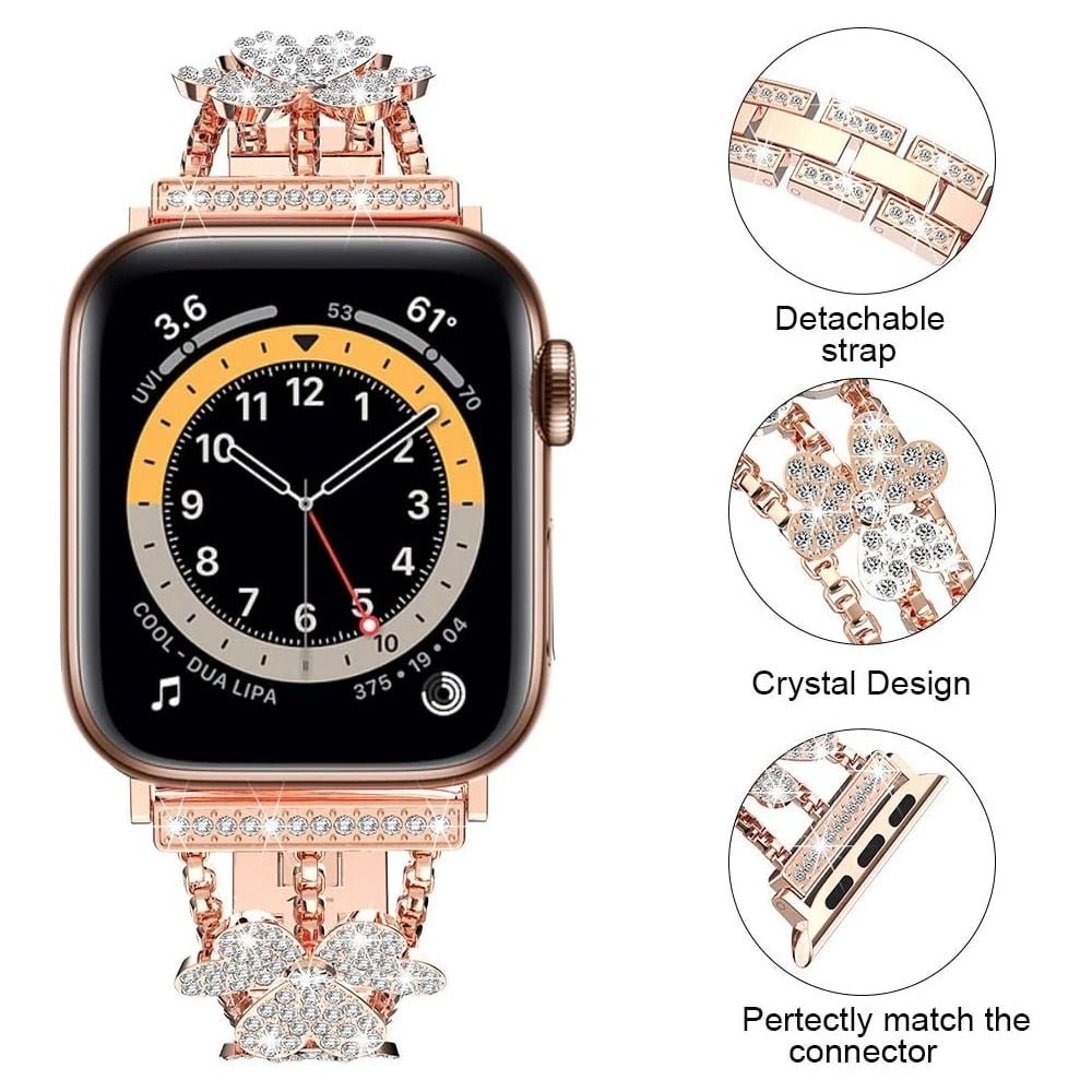 Apple Watch Band Silver, Rose Gold Bling Women Strap & Case Set 8 7 6